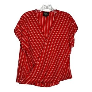 W5 Red Blouse Medium Striped Short Sleeve V-Neck Wrap Casual Top‎
